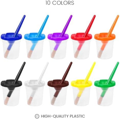 Clear plastic children painting pots filled with colorful paints for classroom activities.