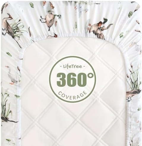 The elegant mallard duck print design on the breathable muslin infant diaper changing surface.