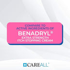 Back label view of CareAll extra strength histamine blocking cream showing detailed drug facts and safety guidelines.