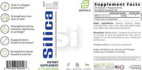 Zemvelo Liquid Ionic Silica hair skin and nails dietary nutrition facts label.