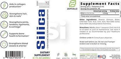 Zemvelo Liquid Ionic Silica hair skin and nails dietary nutrition facts label.