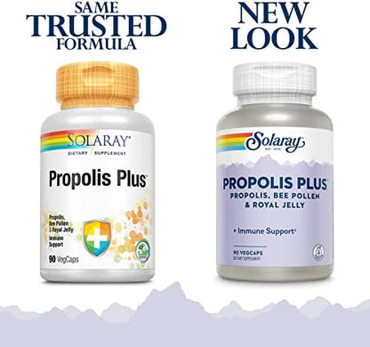 Solaray Propolis Plus capsule container back view highlighting usage directions and lab-verified purity assurance.