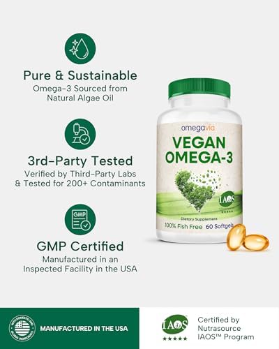 OmegaVia Vegan Omega 3 bottle showing purity and certification details