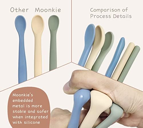 Moonkie chewproof baby utensils demonstrating the flat ergonomic design for delicate infant mouths.