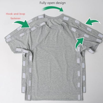 Purple short sleeve adaptive shirt for rotator cuff and arm fracture recovery