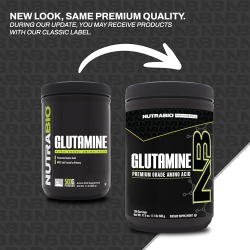 NutraBio Pure L-Glutamine Powder side view showing net weight