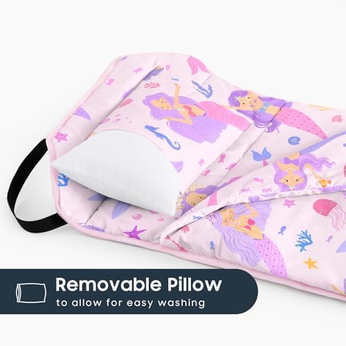 Wake In Cloud toddler mat rolled up compactly with the carry handle and hook and loop closure visible.