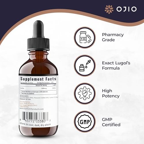 Ojio Lugols Iodine 2 percent side label highlighting organic and non-GMO ingredient list
