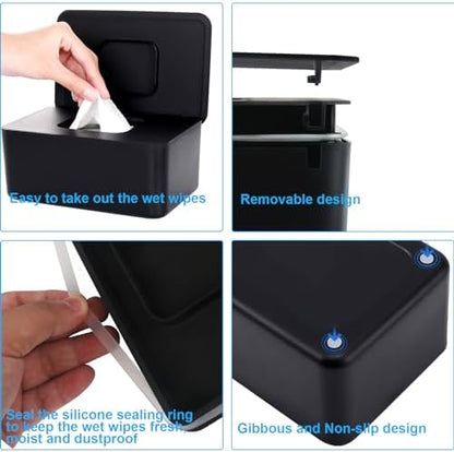 Black refillable baby wipe holder on modern nursery table