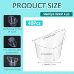Close up of 5ml clear plastic eye rinse cup for dust removal