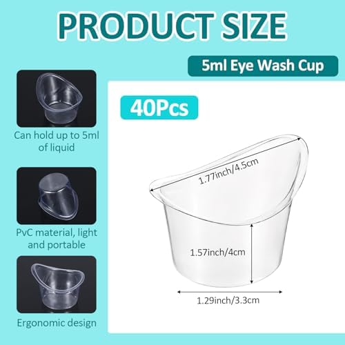 Close up of 5ml clear plastic eye rinse cup for dust removal