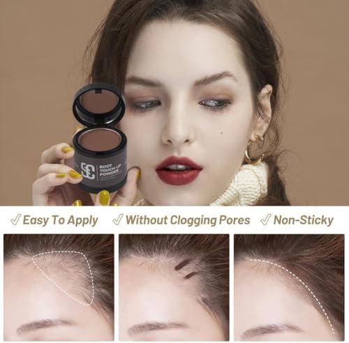 User applying Sovoncare root touch up powder to receding hairline