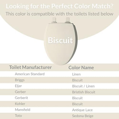 Mayfair biscuit colored molded wood elongated toilet seat magnetic attachment feature