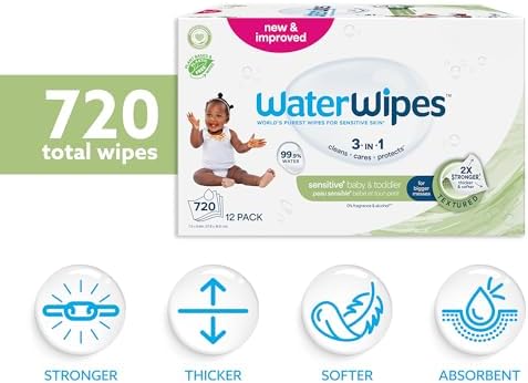 WaterWipes Sensitive+ Baby & Toddler Wipes, 3-In-1 Cleans, Cares, Protects, 99.9% Water, Textured Clean, Unscented & Hypoallergenic, 720 Count (12 Packs) - Image 3