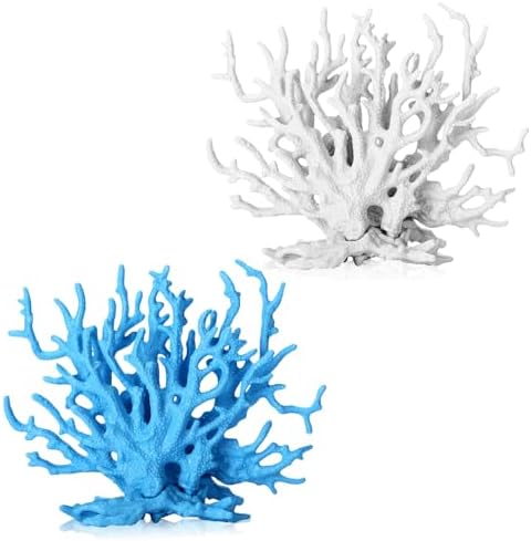 Two pack of TkoYuHm plastic coral ornaments placed inside a clear freshwater aquarium setup