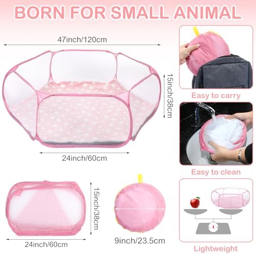 VitalCozy Hamster Playpen with Mat Small Animal Cage Tent Breathable Transparent Guinea Pig Playpen Waterproof Portable Yard Fence Mat Foldable Exercise Playpen Outdoor Indoor (Pink,Star) - Image 3