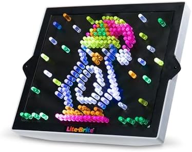 Close up of the Lite Brite educational STEM toy screen with colorful pegs being inserted to demonstrate fine motor skill play.