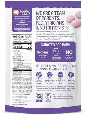 Close up view of freeze dried organic Greek yogurt drops for baby self feeding practice