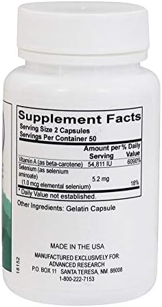 Advanced Research Carotavit Beta Carotene supplement facts and ingredient label on the side of the bottle.