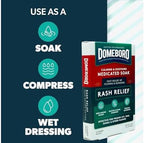 Close up of Domeboro medicated soak powder packaging detailing relief for contact dermatitis and plant rashes.