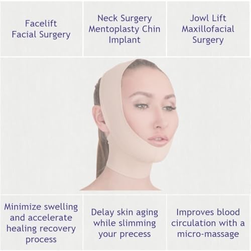 Side profile of beige neck and chin compression garment showing ear openings.