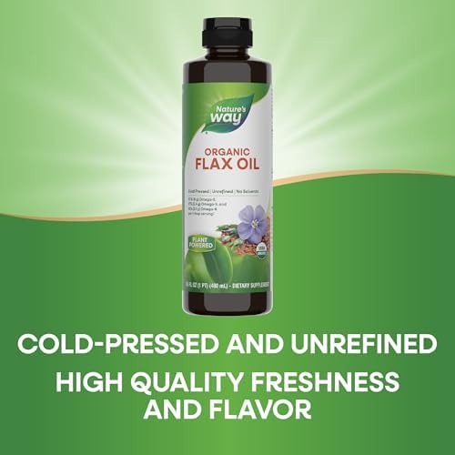 Cold pressed organic liquid flaxseed oil nutritional facts and dosage instructions label.
