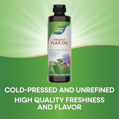 Cold pressed organic liquid flaxseed oil nutritional facts and dosage instructions label.