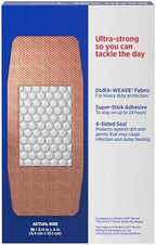 Back of the Band-Aid Tough Strips box with usage directions and material specifications for first aid.