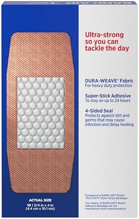 Back of the Band-Aid Tough Strips box with usage directions and material specifications for first aid.