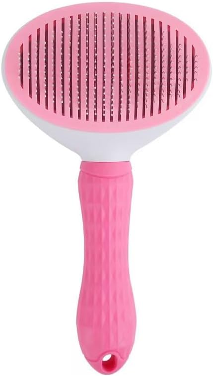 Petshopnearme self cleaning slicker brush front view highlighting pink handle and button design