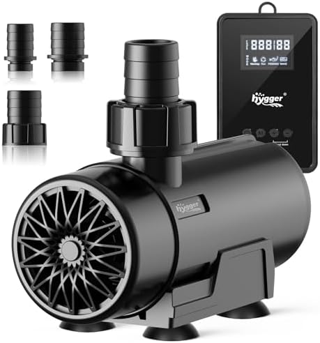 Hygger amphibious submersible return pump showing the three interchangeable nozzles and dual inlet mesh covers.