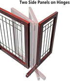 Rubber pads on the bottom of a cherry finish dog gate preventing floor scratches