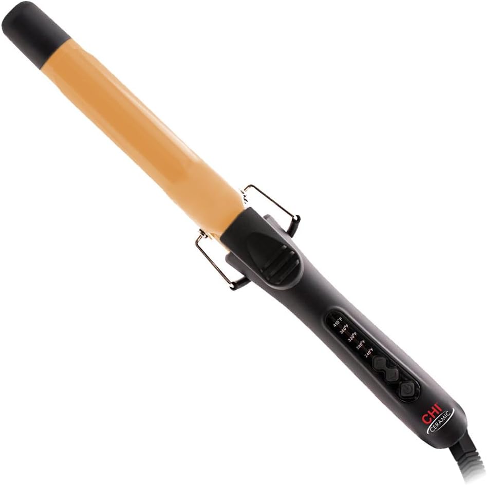 CHI ceramic tourmaline curling iron front view showing black handle and golden 1 inch barrel