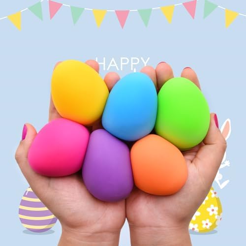 Squeezable fidget toy eggs in pink blue green yellow purple and orange
