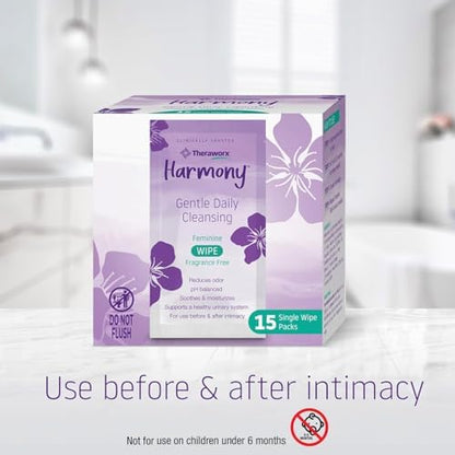 Theraworx Harmony daily feminine care wipes ingredients and directions for use.
