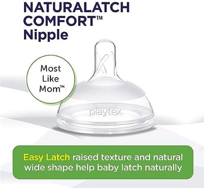 Close up view of the textured raised surface on the wide neck baby bottle nipple.