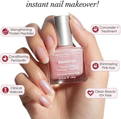 Anti aging nail care base coat by Dermelect being applied to ridged natural nails.
