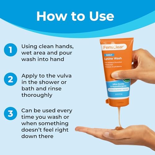 FemiClear daily lysine wash for women showing clear gel consistency and bottle pump