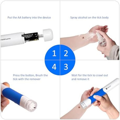 Kretrum one click pain free tick remover device being used gently on pet dog fur