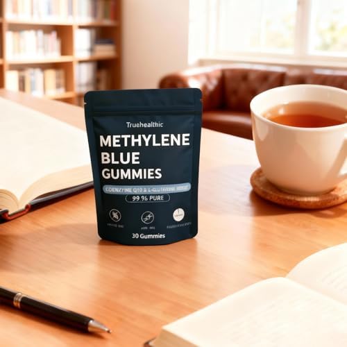 Truehealthic Methylene Blue Gummies close up view of chewable blue raspberry gummies.