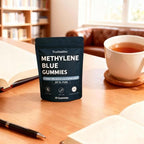 Truehealthic Methylene Blue Gummies close up view of chewable blue raspberry gummies.