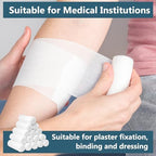 Four inch wide stretchable gauze roll being applied as a secondary dressing for support.