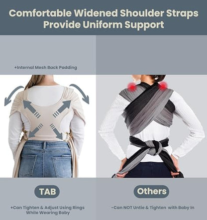 TAB PERFORMANCE luxury baby registry sling carrier showing premium leather tag detail