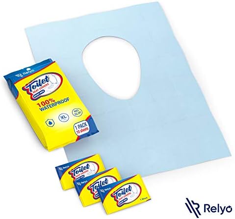 Relyo travel restroom protective mat draped completely over an elongated toilet rim