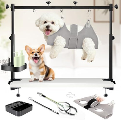 Dog grooming arm showing adjustable width and height settings