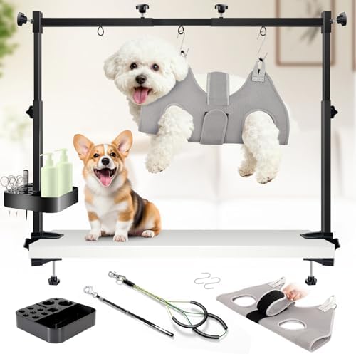 Dog grooming arm showing adjustable width and height settings