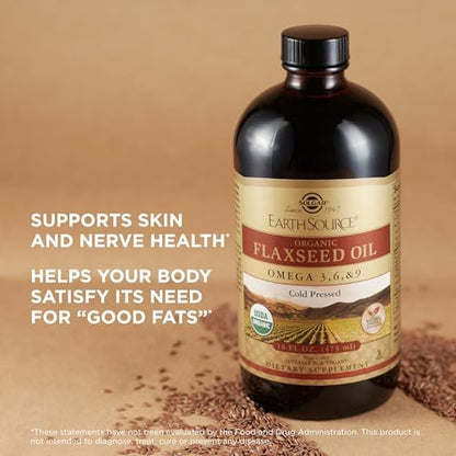 Solgar earth source organic flaxseed oil liquid pour demonstration for health routine