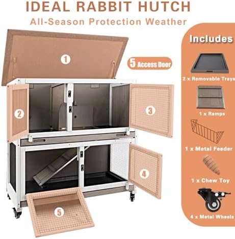 Gowoodhut 36" L Rabbit Hutch Indoor Wooden 2 Story Bunny Hutch Rabbit Cage Outdoor Bunny Cage on 4 Metal Wheels and 2 Deeper Pull Out Trays, Ramp, Guinea Pig Pet House for Small Animals, Grey - Image 4
