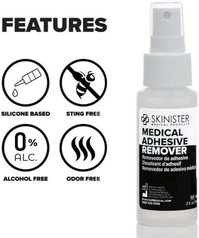 Clear silicone liquid spray for removing kinesiology tape and bandages.