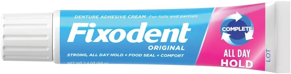Fixodent secure hold denture cream tube demonstrating correct thin strip application